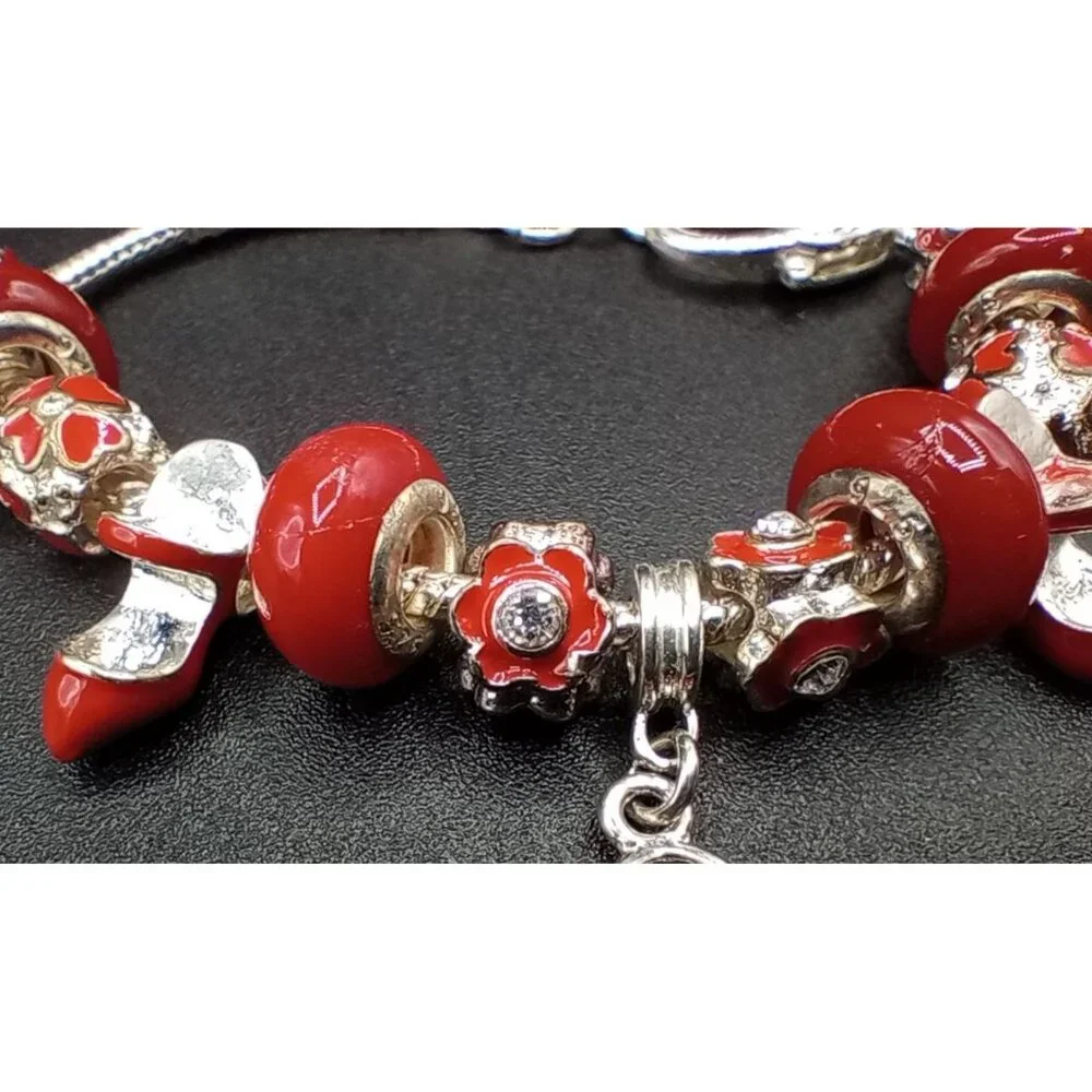 Charm Bracelet Beads Rhinestone Silver Tone Snake Chain Red Statement Jewelry - Picture 6 of 13
